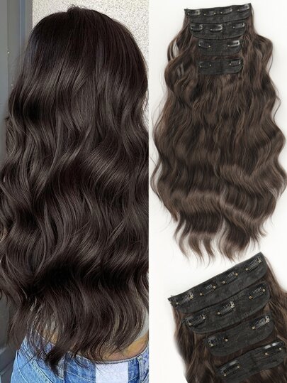 Synthetic Clip On Hair Extension 4Pcs/Set Wave Hairpiece Curly 11 Clips In Hair Ombre Heat Resistant Fiber Brown Black