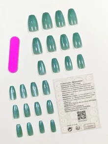 24件套簡約法式綠色貓眼星空棺材短假指甲套件，美甲指尖 - 彩色 - 查看 2