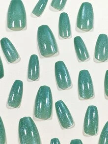 24件套簡約法式綠色貓眼星空棺材短假指甲套件，美甲指尖 - 彩色 - 查看 3