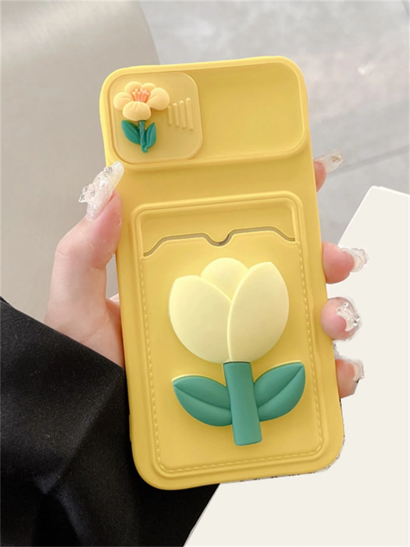 Funda de teléfono con decoración de flores de verano y ranura para tarjeta - Amarillo - Ver 1
