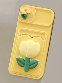 Funda de teléfono con decoración de flores de verano y ranura para tarjeta - Amarillo - Ver 2