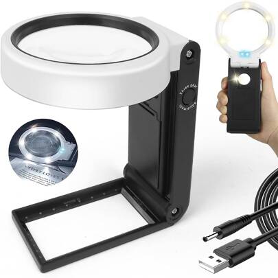 Handheld Folding Magnifier With 6 Led Lights And Stand, 6x 25x Magnifying Glass With UV Light, Suitable For Close Work, Reading, Requires 3 Pieces Of 7th Battery (Not Included) Or Plug-In Use Back To School