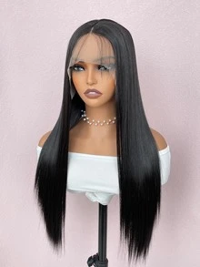 13*4*1自然黑色合成纖維t型拉花蕾絲前套假髮,長直黑色蕾絲假髮,女性用 - 黑色 - 查看 7