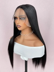 13*4*1自然黑色合成纖維t型拉花蕾絲前套假髮,長直黑色蕾絲假髮,女性用 - 黑色 - 查看 5