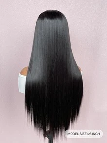 13*4*1自然黑色合成纖維t型拉花蕾絲前套假髮,長直黑色蕾絲假髮,女性用 - 黑色 - 查看 2