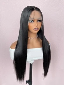 13*4*1自然黑色合成纖維t型拉花蕾絲前套假髮,長直黑色蕾絲假髮,女性用 - 黑色 - 查看 6