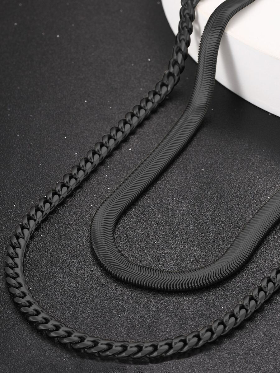 2pcs Men's Fashionable Simple Titanium Steel Chain Necklace, Everyday Wear - Black - View 1