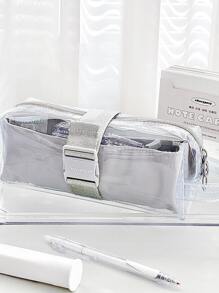 Rosyposy 1pc Transparent Pvc Pen Bag Dual Layer High Capacity Pencil Case With Separators, Ideal For Students - Grey - View 1