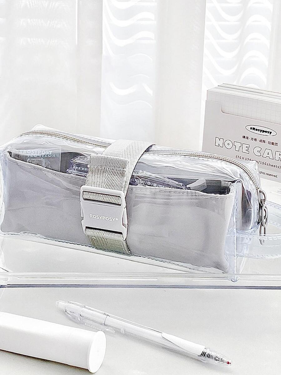 Rosyposy 1pc Transparent Pvc Pen Bag Dual Layer High Capacity Pencil Case With Separators, Ideal For Students - Grey - View 1