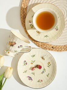 法國復古陶瓷杯子套裝帶昆蟲&印花(1杯子&1盤子) - 杏色 - 查看 4