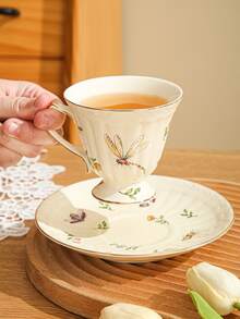 法國復古陶瓷杯子套裝帶昆蟲&印花(1杯子&1盤子) - 杏色 - 查看 5