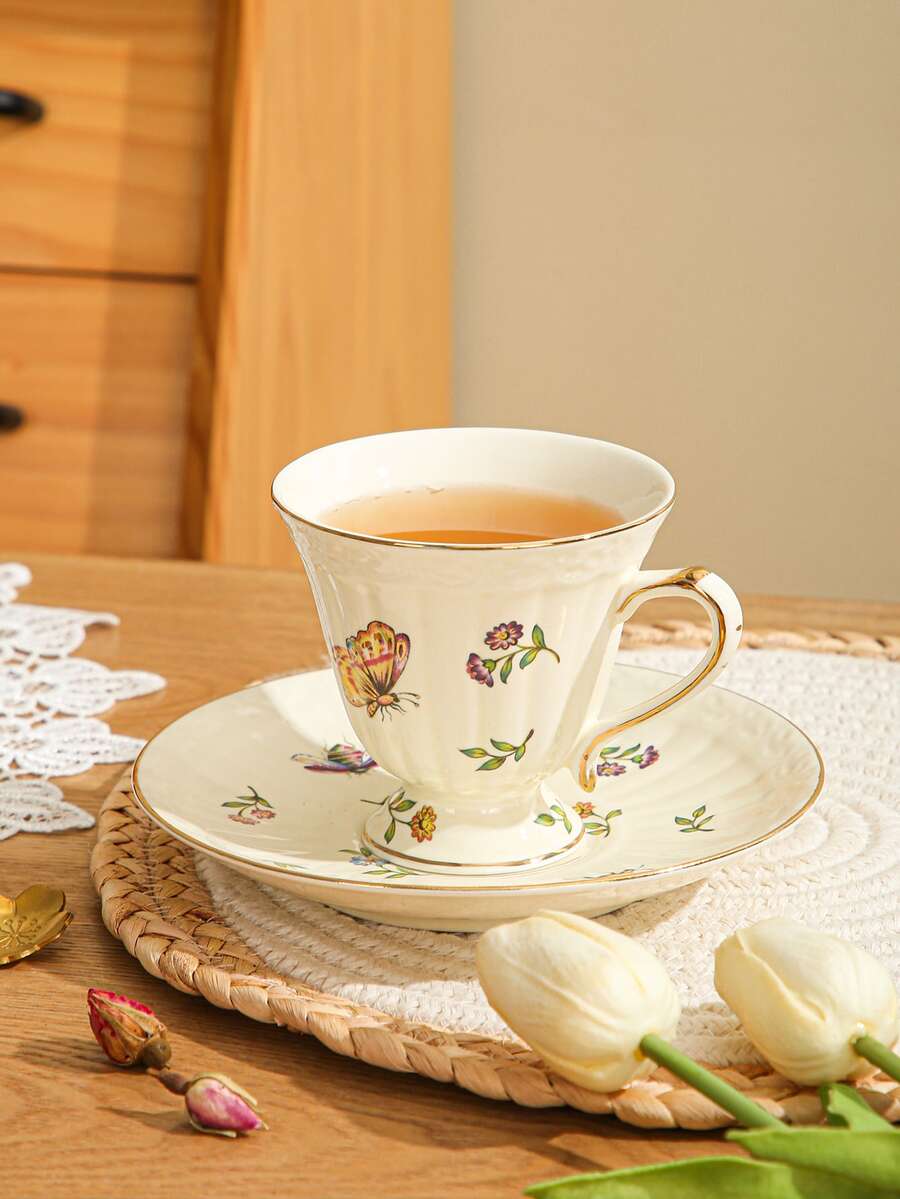 法國復古陶瓷杯子套裝帶昆蟲&印花(1杯子&1盤子) - 杏色 - 查看 1