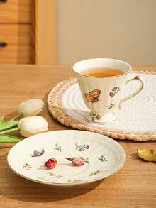 法國復古陶瓷杯子套裝帶昆蟲&印花(1杯子&1盤子) - 杏色 - 查看 3
