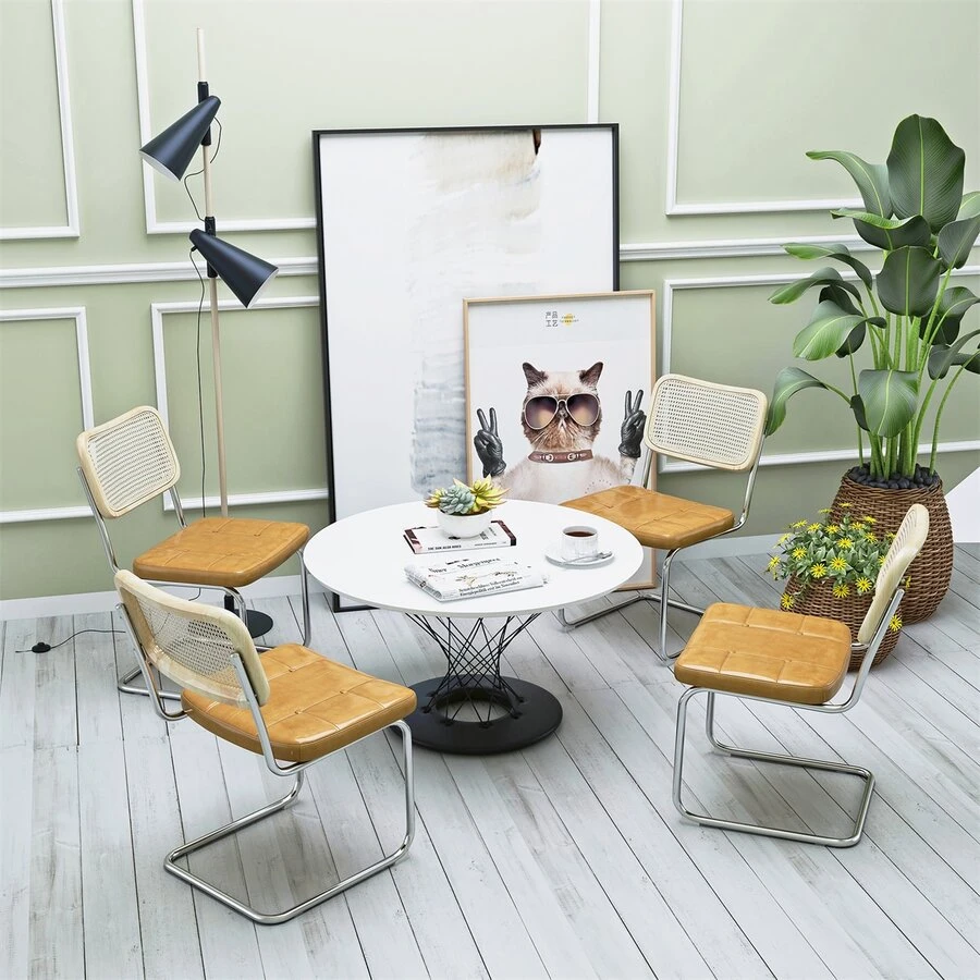 Set of 4, Leather Dining Chair with High-Density Sponge, Rattan Chair for Dining room, Living room, Bedroom, Brown - Brown - View 1