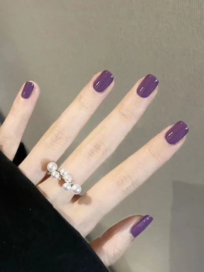 Upgrade Your Look With 24pcs Short Oval-Shaped, Fashionable High-End Solid Purple Full Cover Nail Sets Suitable For Holiday Parties, Dances And Daily Wear Press On Nails Nail Supplies