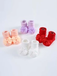 4雙裝寶寶公主蝴蝶結裝飾防滑落地襪寶寶素色中筒襪 - 彩色 - 查看 1