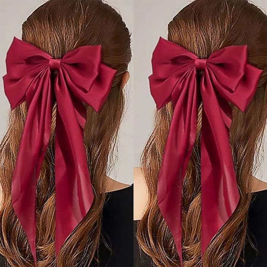 2pcs Hair Bow Clips For Women Large Satin Hair Bows Long-Tail Alligator Clips Big Hair Bow Girls Hair Accessories Wedding Prom Party Charm - Red - View 1