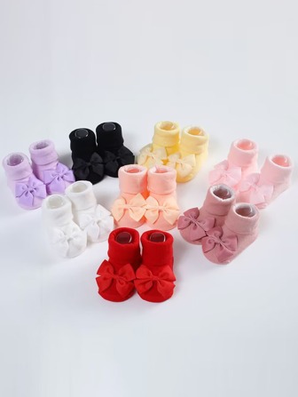 8 pares de calcetines de piso antideslizantes para bebé con decoración de lazo de princesa, calcetines de tubo medio de unicolor para bebé
