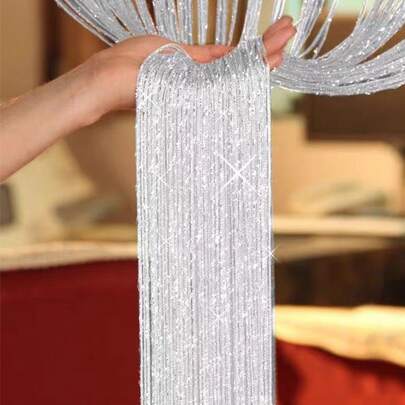 Sparkling Silver Thread Curtains For Bedroom, Living Room, Doorways; Fringe Decorated Curtains Suitable For Wedding, Party And Home Decor