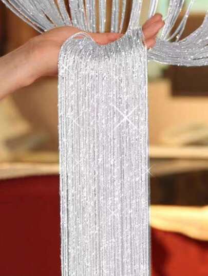 Sparkling Silver Thread Curtains For Bedroom, Living Room, Doorways; Fringe Decorated Curtains Suitable For Wedding, Party And Home Decor