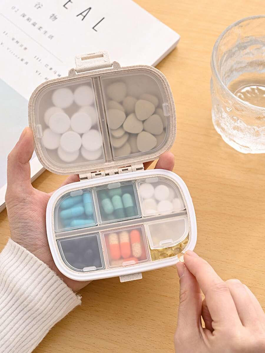 1入組便攜8隔間藥盒,小麥秸稈分隔物藥收納容器帶密封蓋,防潮周度藥殼套 - 米色 - 查看 1