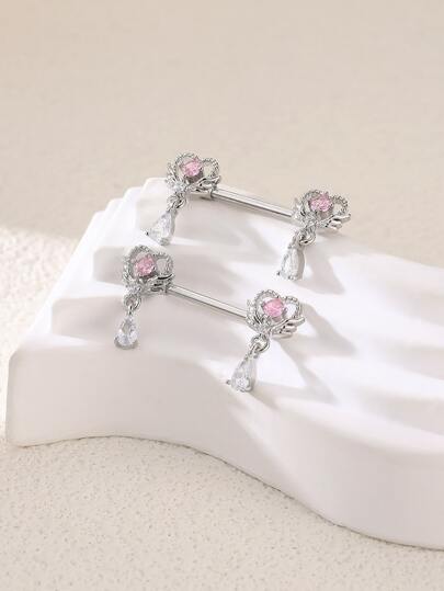 2入組Y2K時尚心形翅膀水滴微鑲方晶鋯石乳環女士們身體穿刺首飾裝飾用品