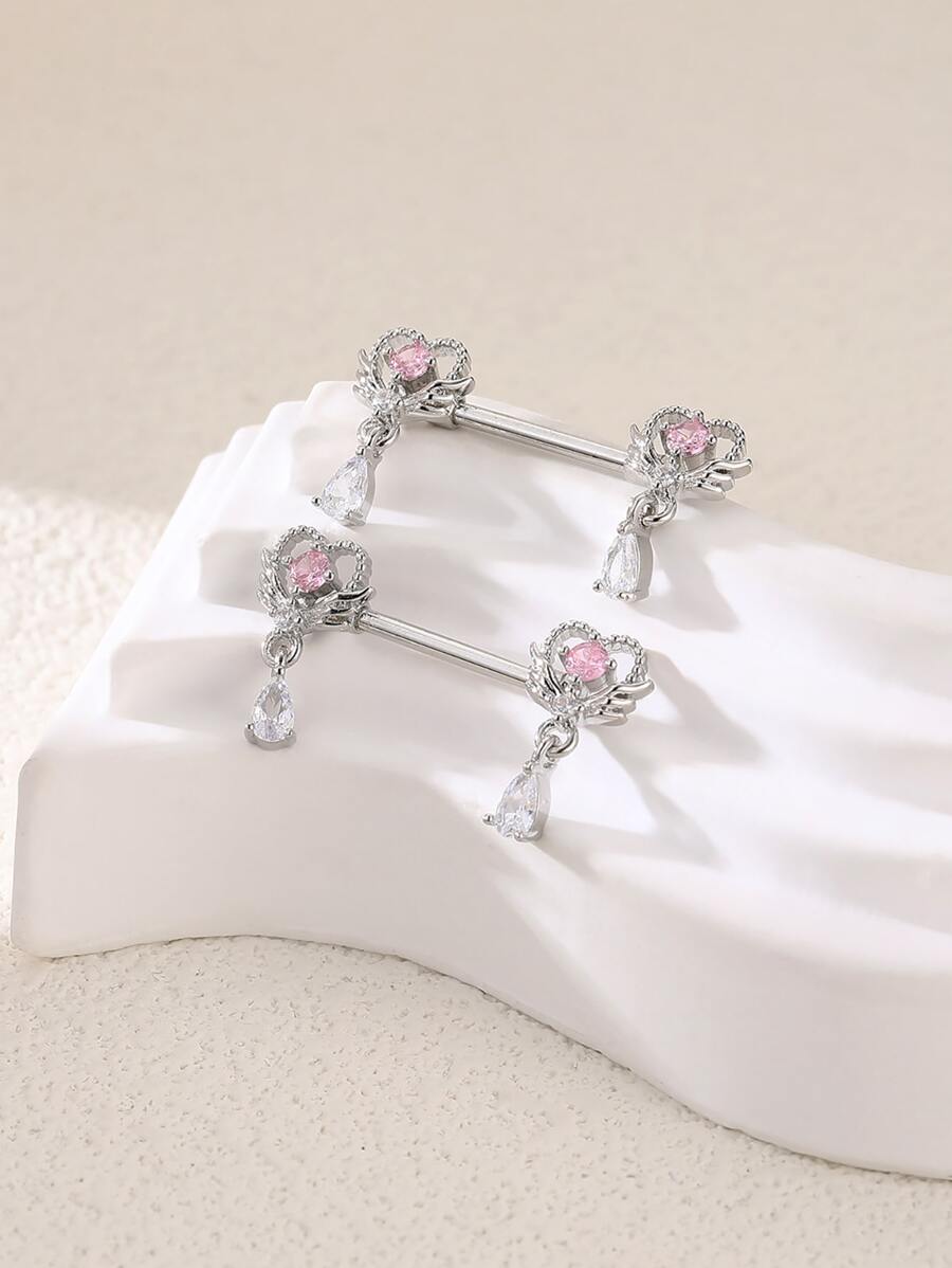 2入組Y2K時尚心形翅膀水滴微鑲方晶鋯石乳環女士們身體穿刺首飾裝飾用品