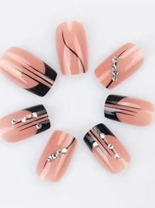 24入組短款法式黑白條紋指甲藝術貼紙，附1個雙面膠帶和1個指甲文件，輕鬆貼上美甲提供 - 彩色 - 查看 4