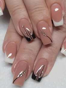 24入組短款法式黑白條紋指甲藝術貼紙，附1個雙面膠帶和1個指甲文件，輕鬆貼上美甲提供 - 彩色 - 查看 1