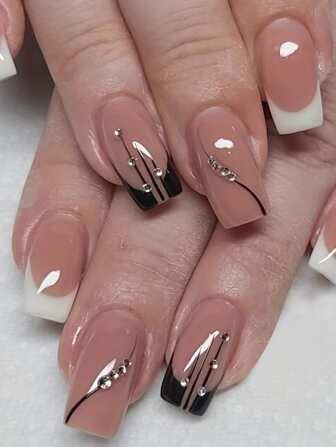 24 unidades de Pegatinas francesas cortas de arte de uñas de rayas blancas y negras con 1 pieza de cinta adhesiva de doble cara y 1 pieza de lima de uñas. Uñas postizas y suministros para uñas uñas falsas uña falsa uña acrílica