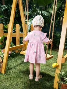 Balabala Đầm xòe họa tiết hoạt hình và vải gingham cho bé gái - Hồng - Xem 2