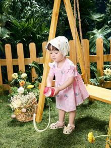 Balabala Đầm xòe họa tiết hoạt hình và vải gingham cho bé gái - Hồng - Xem 4