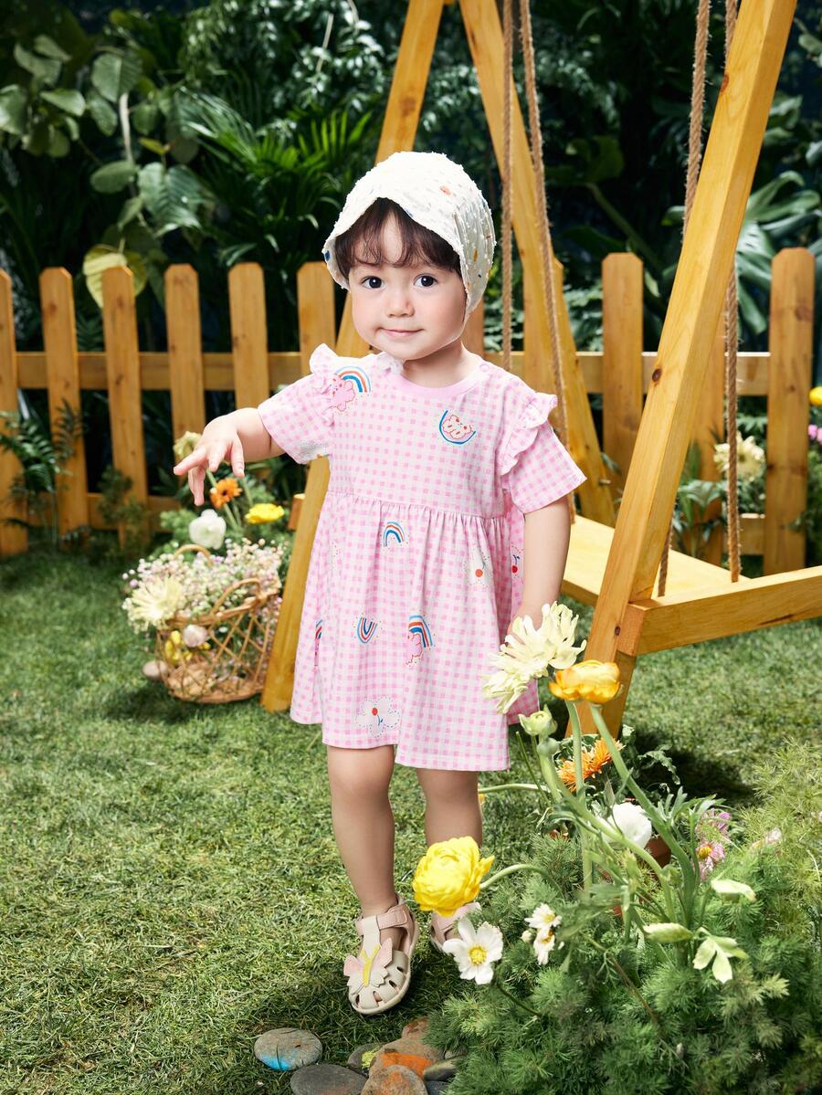 Balabala Đầm xòe họa tiết hoạt hình và vải gingham cho bé gái - Hồng - Xem 1