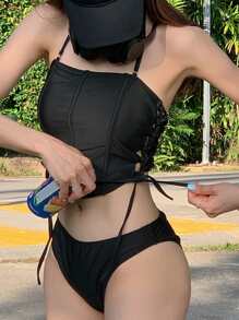 Conjunto de bikini coreano de para mujer con pecho pequeño, fruncido, dividido, atado, bikini estilizado para vacaciones en la playa, conjunto de bikini de verano para la playa - Negro - Ver 1