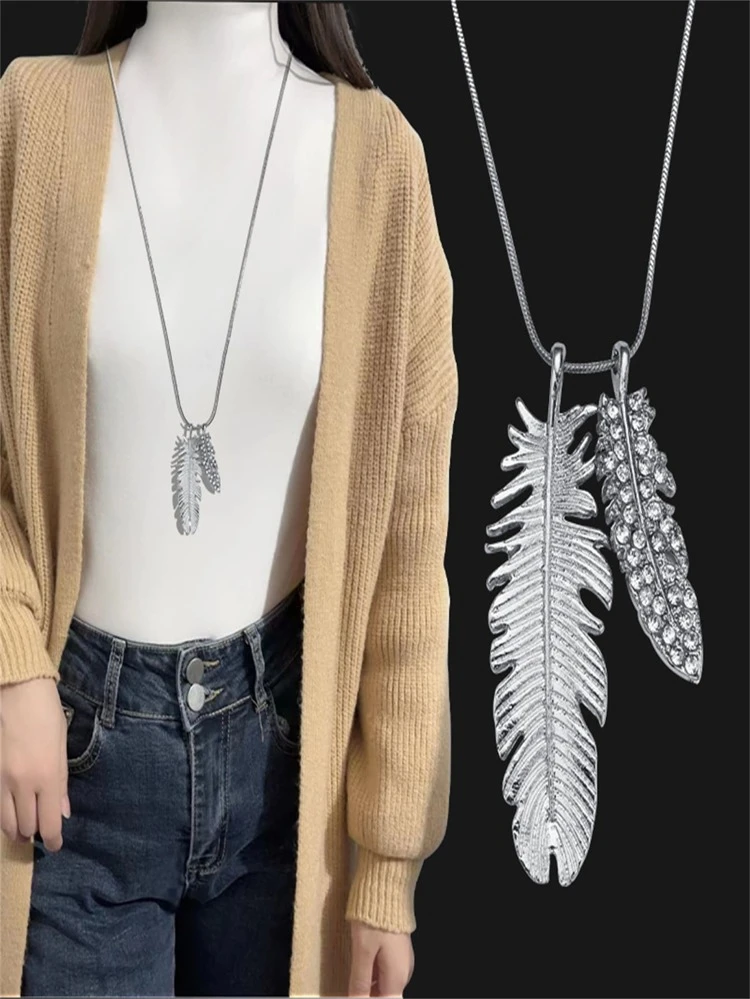 Korean Version Fashionable Feather With Rhinestone Sweater Chain, Simple And Versatile Clothing Accessory For Women