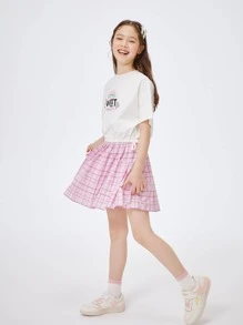 Balabala Tween Girl Summer Sweet Plaid Print Pleated Skirt Pink - Pink - View 3