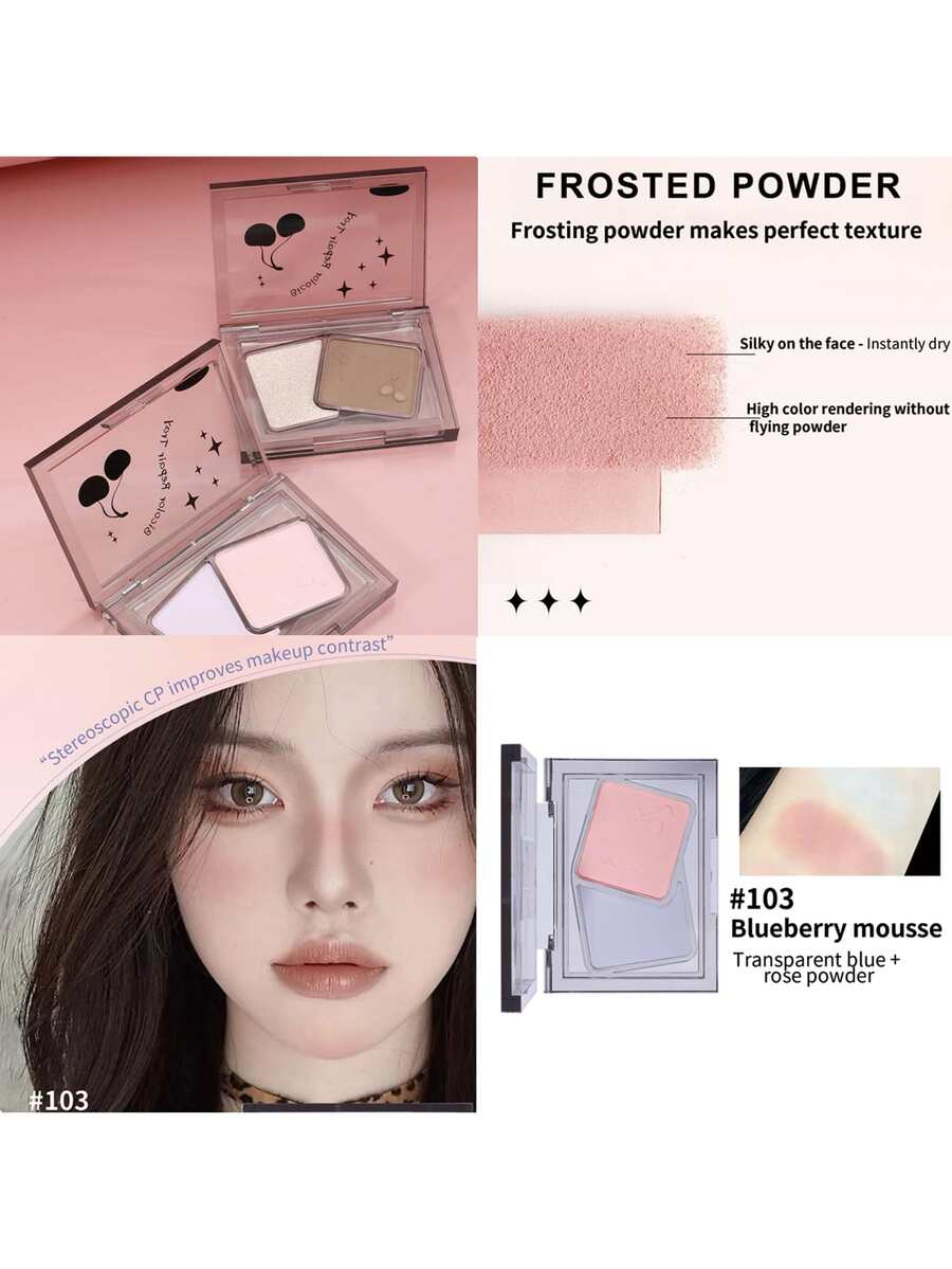 Biya 1 caja doble color & sombra Polvo , mate & brillante aclarar & Contorno & todo en uno Paleta , con A para nariz Maquillaje Polvo Paleta para cara contorneado , 103 arándano Espuma - Mousse de arándanos - Ver 1