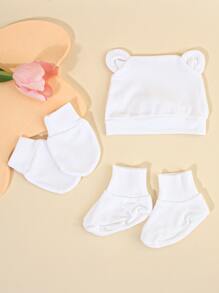 1Set Newborn Baby Hospital Hats Beanie With Cute Ear Infant Caps Baby Boys Girls No Scratch Mittens Set For 0-6 Months