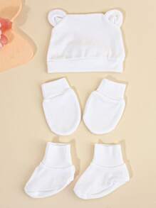 1Set Newborn Baby Hospital Hats Beanie With Cute Ear Infant Caps Baby Boys Girls No Scratch Mittens Set For 0-6 Months