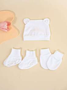 1Set Newborn Baby Hospital Hats Beanie With Cute Ear Infant Caps Baby Boys Girls No Scratch Mittens Set For 0-6 Months