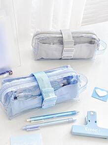Rosyposy 1pc Transparent Pvc Pen Bag Dual Layer High Capacity Pencil Case With Separators, Ideal For Students - Grey - View 4
