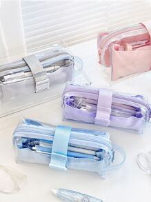 Rosyposy 1pc Transparent Pvc Pen Bag Dual Layer High Capacity Pencil Case With Separators, Ideal For Students - Grey - View 2