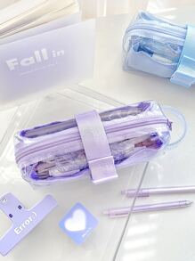Rosyposy 1pc Transparent Pvc Pen Bag Dual Layer High Capacity Pencil Case With Separators, Ideal For Students - Grey - View 8