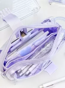 Rosyposy 1pc Transparent Pvc Pen Bag Dual Layer High Capacity Pencil Case With Separators, Ideal For Students - Grey - View 5