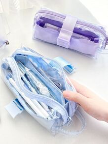 Rosyposy 1pc Transparent Pvc Pen Bag Dual Layer High Capacity Pencil Case With Separators, Ideal For Students - Grey - View 6