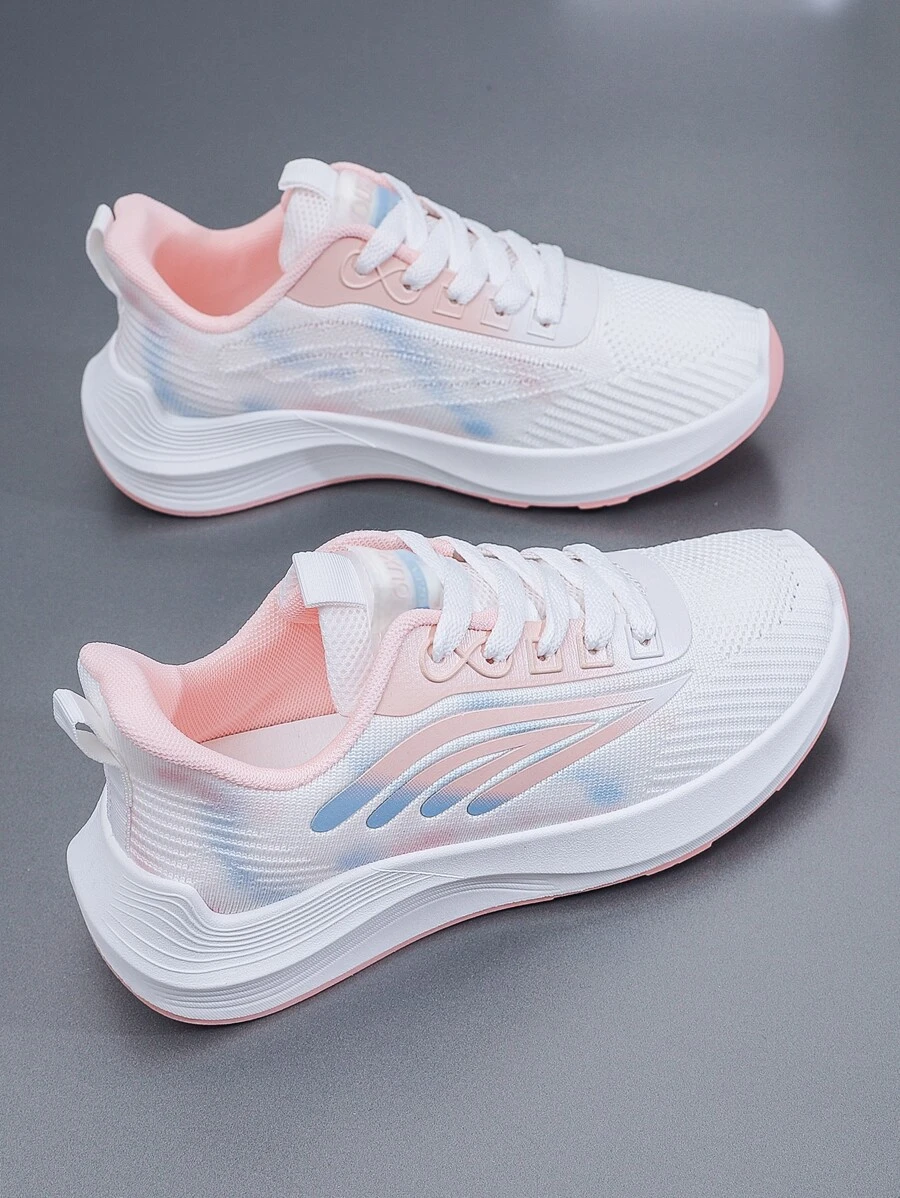 1雙運動透氣女性字母貼飾紮染織物繫帶跑步鞋