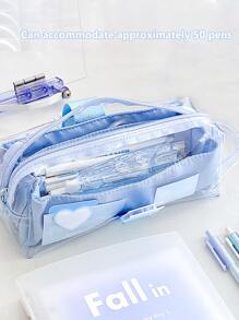 Rosyposy 1pc Transparent Pvc Pen Bag Dual Layer High Capacity Pencil Case With Separators, Ideal For Students - Grey - View 10