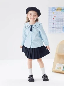 Balabala Young Girl Peter Pan Collar Blouse & Pleated Skirt - Blue - View 1