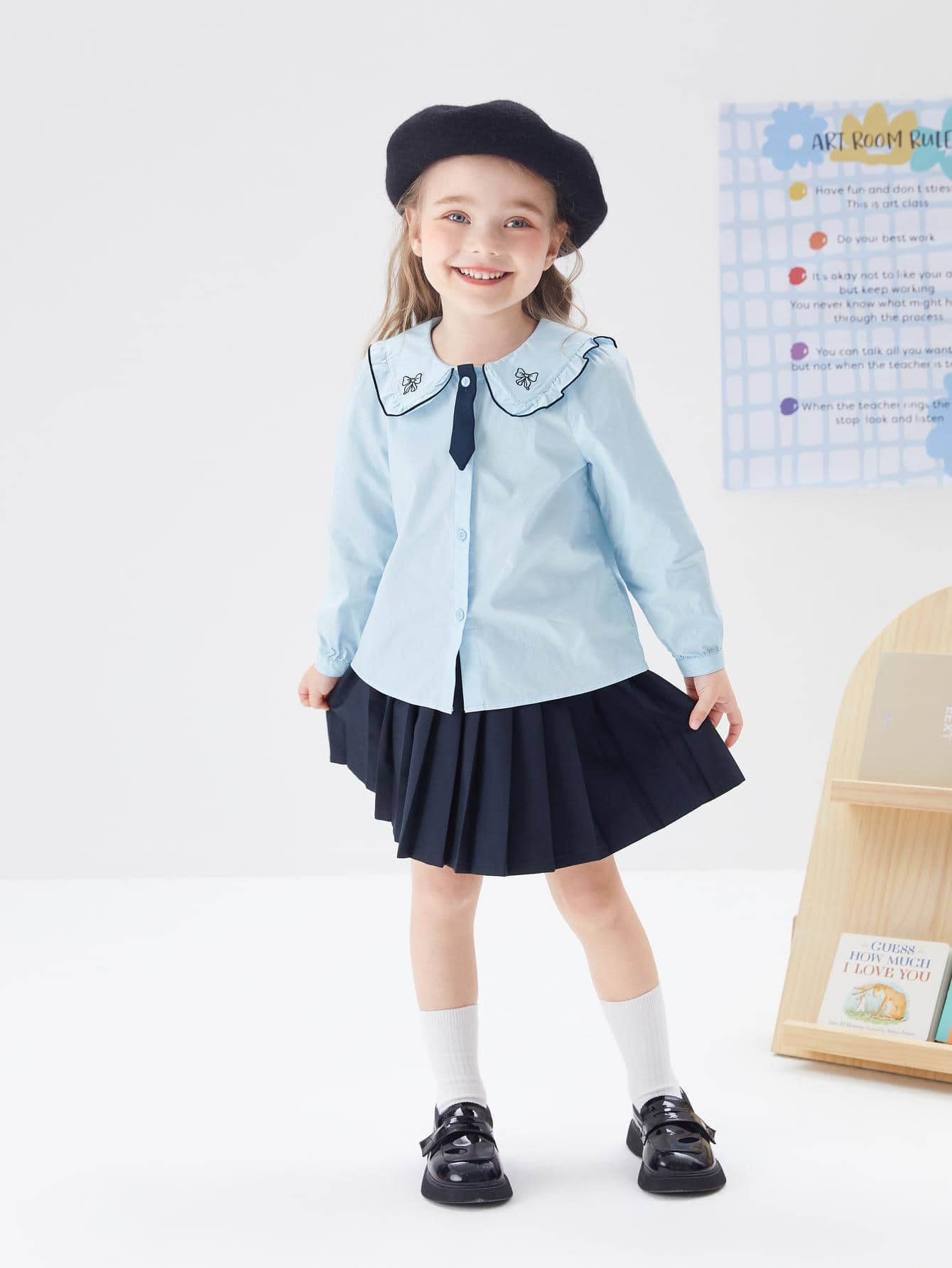 Balabala Young Girl Peter Pan Collar Blouse & Pleated Skirt - Blue - View 1