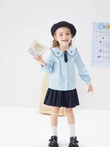 Balabala Young Girl Peter Pan Collar Blouse & Pleated Skirt - Blue - View 5